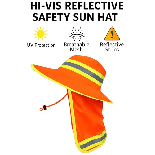 Men High Visibility Reflective Work Safety Sun Hat with Neck Flap Wide Brim Boonie UV Protection - color: 2pcs (Orange+lime)