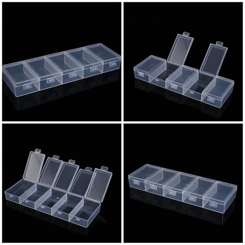 5 compartments transparent plastic storage box 8.3 x 2.7 x 1 inch with independent lid, transparent storage box for cosmetics, jewelry, and craft supplies - color: 5 grids of white