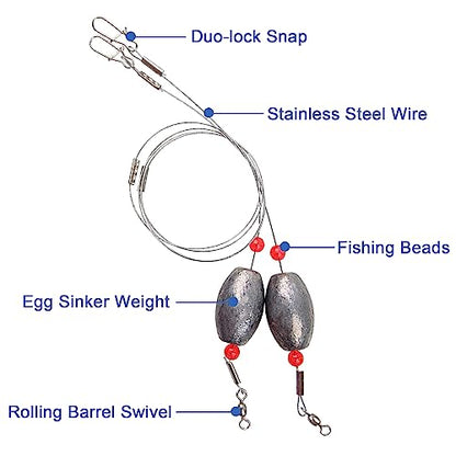 Egg Sinkers Fishing Weight Rigs, 8pcs Stainless Steel Wire Leader Rigs with Sinker Weights Carolina Rig for Flounder Catfish Saltwater Fishing 1/2oz-2oz - size: 1.5oz-8pcs
