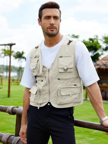 Gihuo Mens Fishing Vest Lightweight Utility Vests Cargo Outdoor Safari Travel Vest with Pockets - color: Beige, size: X-Large