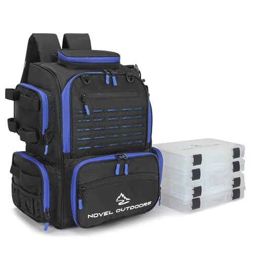 Large Fishing Backpack with 4 Tackle Boxes - Waterproof Fishing Tackle Backpack with Fishing Rod Holder - Heavy Duty 43L Fishing Tackle Box for your Fishing Lures and Fishing Gear