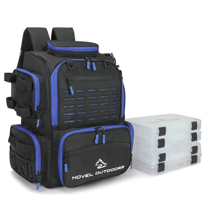 Large Fishing Backpack with 4 Tackle Boxes - Waterproof Fishing Tackle Backpack with Fishing Rod Holder - Heavy Duty 43L Fishing Tackle Box for your Fishing Lures and Fishing Gear