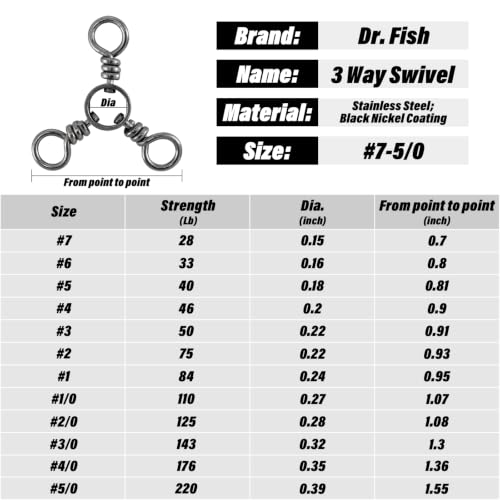 Dr.Fish 50 Pack 3 Way Swivel Fishing Tackle 30-220Lb Catfish Swivels Three Way Rigs Freshwater Saltwater Catfish Tackle - size: #6(33Lb)-50 Pack