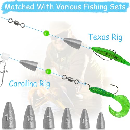 30Pcs Bullet Fishing Weights Fishing Worm Weights Sliding Fishing Sinkers for Bass Fishing Saltwater Freshwater 1/16oz to 1/2oz - size: 3/16oz-30pcs