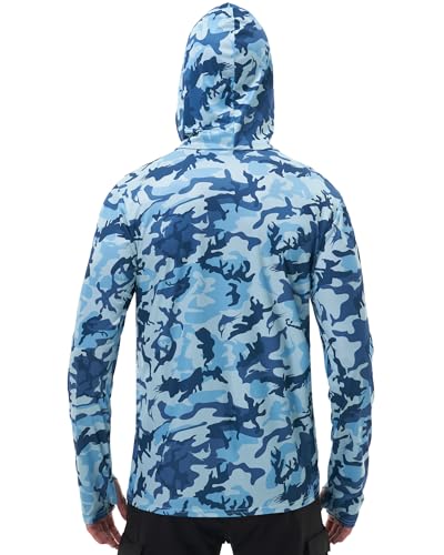 FISHEAL Men's Performance Fishing Hoodie Shirt - UPF 50+ Sun Protection Long Sleeve Thumbholes Shirts with Neck Gaiter - color: Aoyama Navy, size: X-Large