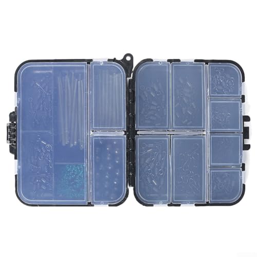 300Pcs Carp Fishing Tackle Box Kit with Clips Hooks Swivels Terminal Rigs Snaps, Plastic Organizer Case for Bass Trout Rock Fishing, Black