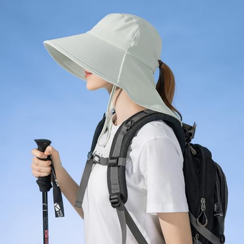 HUAMULAN Men Summer Sun Hat Women Safari Wide Brim Fishing Hats UV Protection Neck Flap Bucket Gardening Hiking Hunting Cap - color: Bg8112-lightgreen