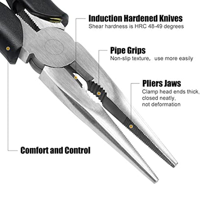 Premium Long Needle Nose Pliers-6''&8'', Paper Clamp Precision, High Carbon Steel, Soft Grip with Wire Cutter, Long Nose Cutting Pliers for Home, Fishing, Jewelry, Crafts,2pcs - style: 6in+8in