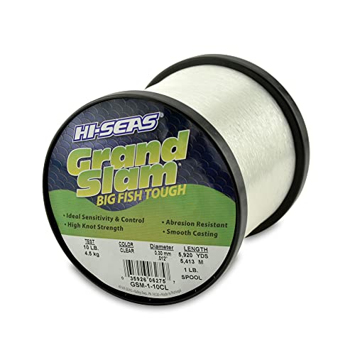 HI-SEAS Grand Slam Monofilament Fishing Line - Strong & Abrasion Resistant in Clear, Pink, Green, Smoke Blue, Fluorescent Yellow Freshwater & Saltwater - 1 lb Spool - color: Clear, style: 10 Lb Test, 0.30 Mm Dia, 5920 Yd