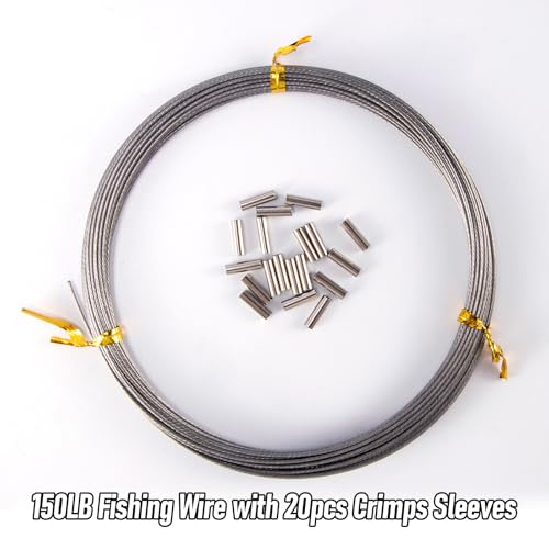 Alwonder 32.8ft Fishing Wire Fishing Leader Line with 20pcs Crimps Sleeves, Nylon Coated 1x7 Stainless Steel Leader Wire Freshwater Saltwater for Pike, Billfish, Bluefish, Muskie, Wahoo - size: 150LB