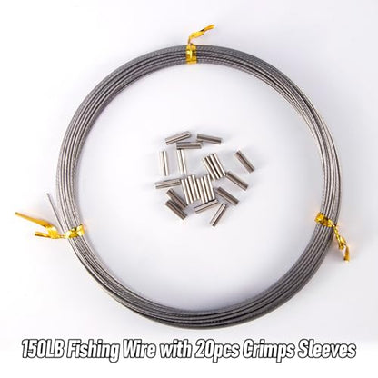 Alwonder 32.8ft Fishing Wire Fishing Leader Line with 20pcs Crimps Sleeves, Nylon Coated 1x7 Stainless Steel Leader Wire Freshwater Saltwater for Pike, Billfish, Bluefish, Muskie, Wahoo - size: 150LB