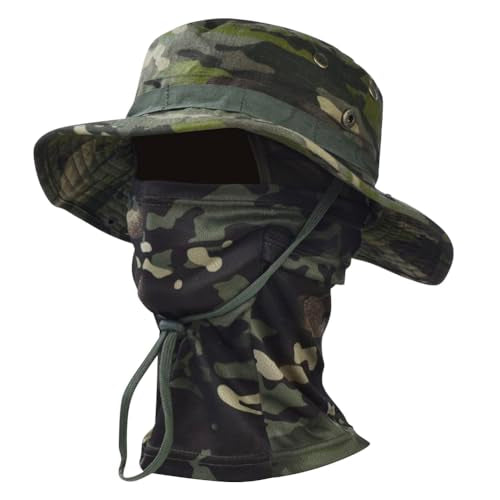 Camo Boonie Sun Hat with Balaclava Face Mask UV Protection Fishing Hat Bucket Hat for Hunting Hiking Military Tactical Safari - color: Camo Green