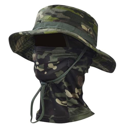 Camo Boonie Sun Hat with Balaclava Face Mask UV Protection Fishing Hat Bucket Hat for Hunting Hiking Military Tactical Safari - color: Camo Green