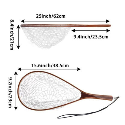 Aventik Fly Fishing Landing Net for Trout Soft Rubber Ghost Mesh Catch and Release Wooden Frame Lightweight and Tangle-Free - style: Round Head