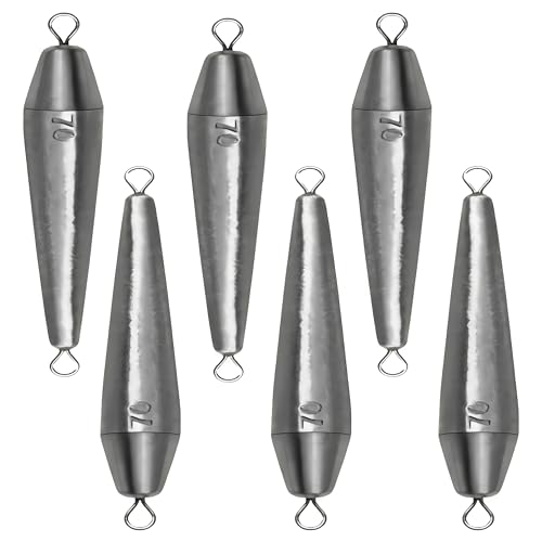 10PCS Fishing Weights, Inline Trolling Bullet Sinkers Double Ring Torpedo Fishing Weights Lead Drop Shot Fishing Weight Sinkers - 20g-50g - size: 2.47oz(70g)-6 Pack