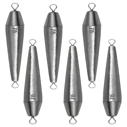 10PCS Fishing Weights, Inline Trolling Bullet Sinkers Double Ring Torpedo Fishing Weights Lead Drop Shot Fishing Weight Sinkers - 20g-50g - size: 2.47oz(70g)-6 Pack