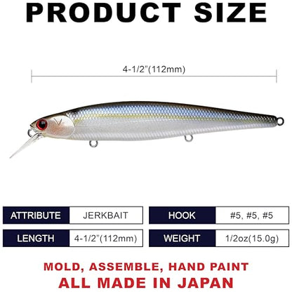 LUCKY CRAFT Slender Pointer 112 MR Fishing Lure, 4.5" Suspending Jerkbait, 4-5 ft Depth, Long Casting, Freshwater Trout and Bass Lures, Bass Fishing Gear and Tournament Hard Bait - color: 183 Pearl Threadfin Shad