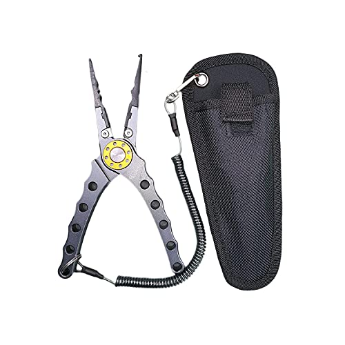 HOOK-EZE Grey Aluminum Fishing Pliers and Standard Blue Knot Tying Tool - Hook Remover and Split Ring with Coiled Lanyard - Multifunctional Cutter and Tool - Saltwater Freshwater Fly Fishing
