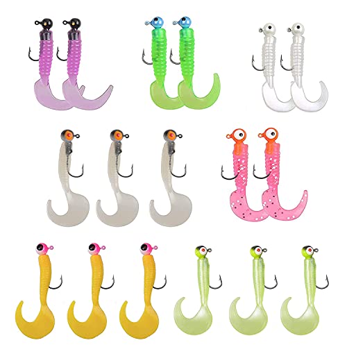 Soft Plastic Fishing Lures Grub Lures Jig Head Hooks Kit Crappie Jigs Grub Tail Worm Lure Tube Baits for Bass Trout Crappie Panfish Saltwater Freshwater Fishing - color: 17pcs Kit