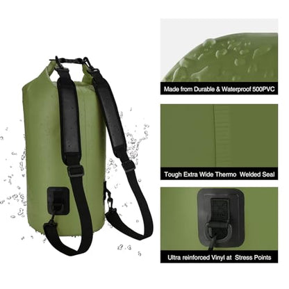Piscifun Dry Bag, Waterproof Floating Backpack 10L/20L/30L/40L with Waterproof Phone Case for Boating, Kayaking, Fishing - color: Army Green, style: 30l