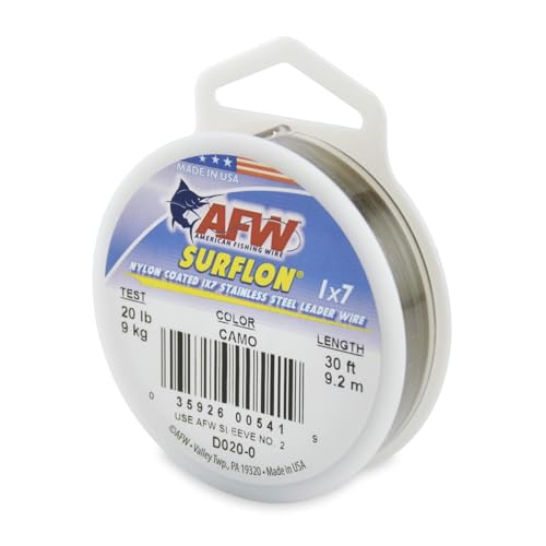 American Fishing Wire Surflon Nylon Coated 1x7 Stainless Steel Wire Leader - Wire Fishing Leader Line for Saltwater 10lb Up To 250lb Test in Bright, Black, Camo in 30ft, 100ft, 300ft, & 1000ft Lengths - color: Camo, style: 30 Feet, 20 Pound Test