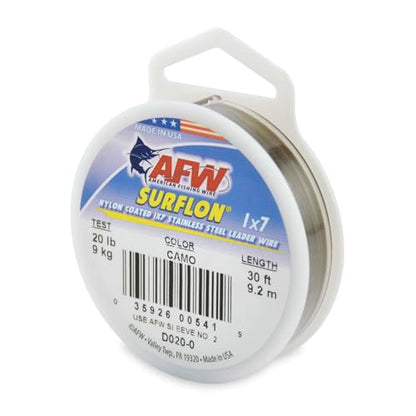 American Fishing Wire Surflon Nylon Coated 1x7 Stainless Steel Wire Leader - Wire Fishing Leader Line for Saltwater 10lb Up To 250lb Test in Bright, Black, Camo in 30ft, 100ft, 300ft, & 1000ft Lengths - color: Camo, style: 30 Feet, 20 Pound Test