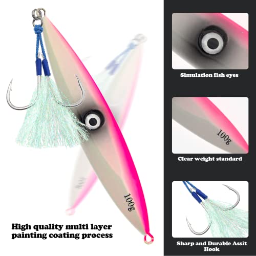 Fishing Jigs Vertical Saltwater Jigs Vertical Jigging Spoon Fishing Tuna Lures Boat Fishing Artificial Lures for Tuna, Grouper, Dogtooth, Snapper, Bass, Salmon/60g, 80g,120g - color: 3pcs-pink&white&red