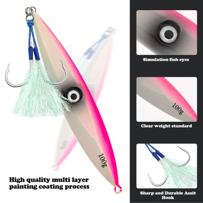 Fishing Jigs Vertical Saltwater Jigs Vertical Jigging Spoon Fishing Tuna Lures Boat Fishing Artificial Lures for Tuna, Grouper, Dogtooth, Snapper, Bass, Salmon/60g, 80g,120g - color: 3pcs-pink&white&red