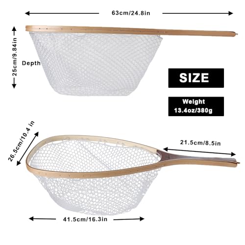 Kylebooker Fly Fishing Landing Net Wooden Frame Trout Fishing Net Soft Rubber Mesh for Catch and Release - color: Square Shape-Small Hole