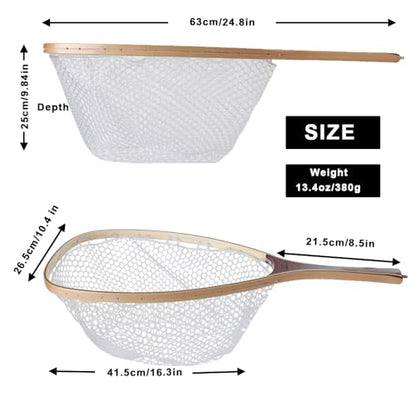 Kylebooker Fly Fishing Landing Net Wooden Frame Trout Fishing Net Soft Rubber Mesh for Catch and Release - color: Square Shape-Small Hole