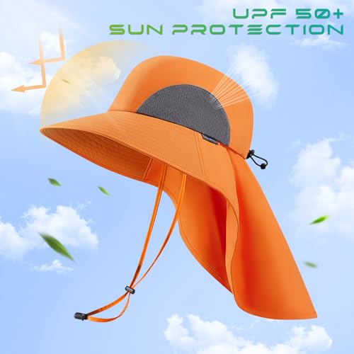 UPF 50+ Foldable Sun Hats Wide Brim with Large Neck Flap for Men Women UV Protection Gardening Fishing Beach Hat - color: Orange