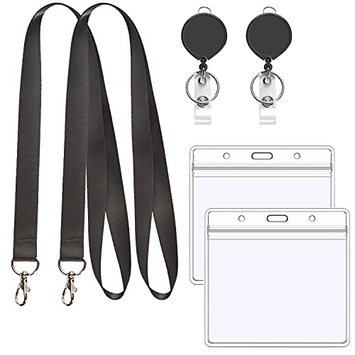 2Pcs Black Lanyards with Horizontal ID Badge Holder 4x3,Retractable Reel | Flat Neck Lanyard with Metal Hook,for Office Supplies - color: Black Lanyard With Badge Holder 3x4 Horizontal