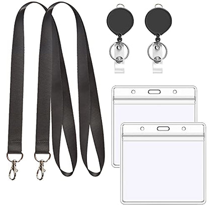 2Pcs Black Lanyards with Horizontal ID Badge Holder 4x3,Retractable Reel | Flat Neck Lanyard with Metal Hook,for Office Supplies - color: Black Lanyard With Badge Holder 3x4 Horizontal