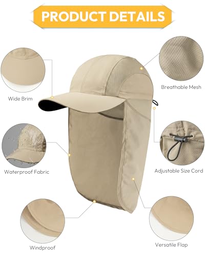 Mens Sun Hat with Breathable Mesh Sun Hats for Men Sun Protection Fishing Hat with Neck Flap for Hiking Cycling - color: Brown Khaki
