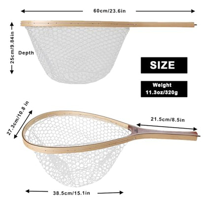 Kylebooker Fly Fishing Landing Net Wooden Frame Trout Fishing Net Soft Rubber Mesh for Catch and Release - color: Round Shape-Round Hole
