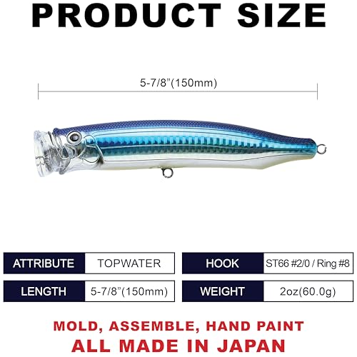 TACKLE HOUSE Feed Popper 150, Saltwater Tuna Fishing Lures, Topwater, GT, Bonito, Yellowtail, Yellowfin, Bluefin Tuna, Floating, Fishing Gear, Fishing Accessories, Fishing Tackle - color: TOBIUO