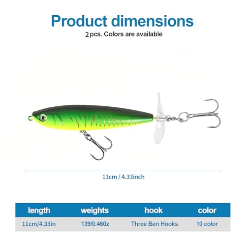 Whopper Fishing Lure for Bass：Popper Top Water Fishing Lures with Floating Rotating Tail Barb Treble Hooks Saltwater Freshwater Plopping Lures Kit - color: Blue Green