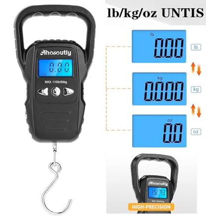Fish Scale,110lb/50kg Large Handle,Large Backlit LCD Display,Digital Fish Scale with Built-in Measuring Tape, Fishing Gifts for Men,Black…