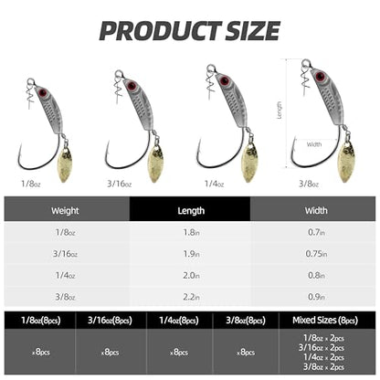 8PCS Spinner Jig Heads, Bionic Fish Head Weighted Hooks with Spinner Blades, Ultra-Sharp High Carbon Steel for Soft Plastic Lures - size: 1/8oz