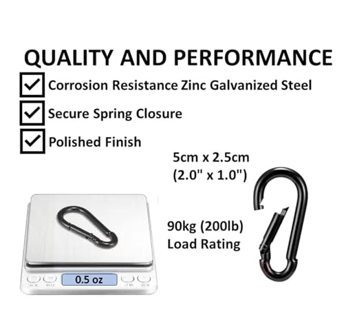 Black & Silver Zinc-Galvanized Heavy Duty Bushcraft Carabiner Spring Snap Clip Link Hooks 200-500lb Load 2, 6 & 12 Packs - color: 5cm (2.0in) Black 12 Pack