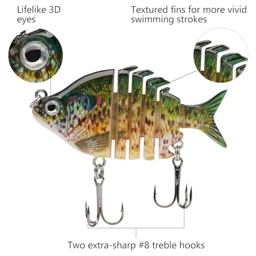 Bassdash SwimPanfish 0.34oz Hard Swimbaits Multi Jointed Topwater Trout Bass Fishing Crank Lure for Freshwater and Saltwater - color: Spotted Sunfish