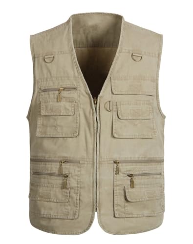 Men's Lightweight Utility Fishing Vest V Neck Safari Photographer Vests - color: Khaki, size: Medium