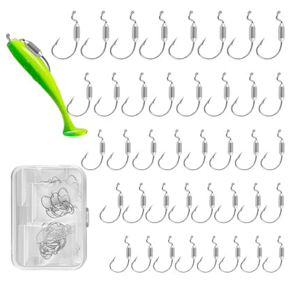 40pcs Weighted Swimbait Hooks Set with Box, EWG Weedless Weighted Fishing Soft Lures Hook, Saltwater Freshwater Worm Fishing Hooks for Bass Walleye Catfish, 1#, 1/0, 2/0, 3/0, 4/0, 8pcs Each Size