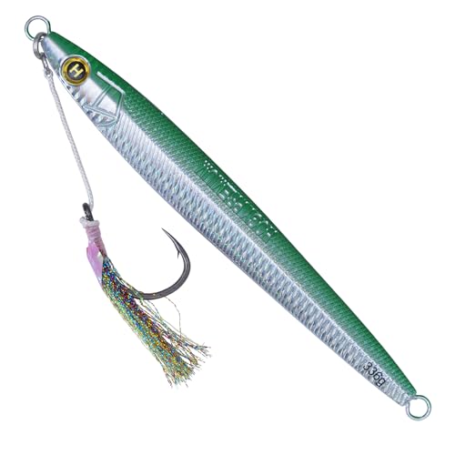 Hogy Big-Game Sand EEL Jig - Tuna Fishing Lure Knife-Style Deep Water Jig | Knife-style deep water jig with heavy-duty assist hooks for Tuna, Striped Bass, Groundfish & saltwater fishing. - color: Green, size: 10/0 - 12oz