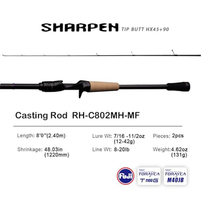 PURELURE Sharpen Fishing Rod 6'5''-9'2'' Spinning & Casting Rod L/ML/M/MH/H | M40JB+T1100G Carbon Fiber Blank, XF/MF Action Fishing Pole 2 Piece, Carbon Reel Seat Cork and EVA Handle, Fuji Guides - style: Casting: C802mh-mf-2pcs