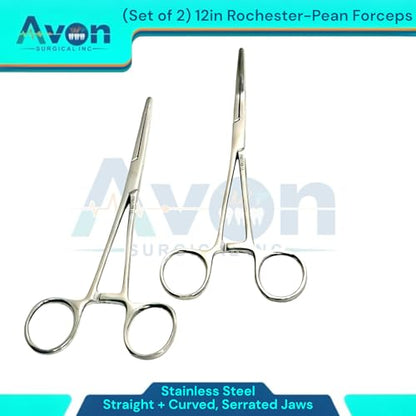 Pack of 2pcs - 12" Pean Hemostat Forceps with Serated Jaws | Curved + Straight | Autoclave-Safe Stainless Steel Fishing Pliers, Multi-Purpose