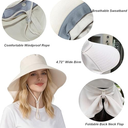 Women Wide-Brim-Bucket-Ponytail-Sun-Hats - Summer UV Protection Sun Hat Foldable Fishing Hat with Neck Flap Pony Hole