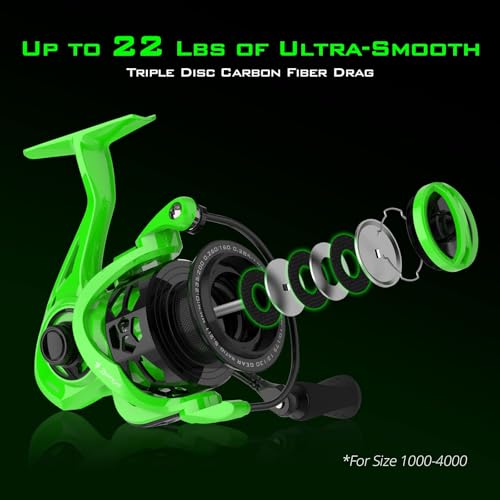 KastKing Zephyr Spinning Reels – 7+1/6+1 BB – Carbon Fiber Drag – Stainless Steel Shaft – Aluminum & CNC Spool – Black/Green/Orange – Sizes 500/1000 SFS – ICE Fishing Ready Reels! - color: Standard-Green, size: 1000