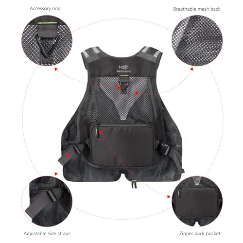 BASSDASH Strap Fishing Vest Adjustable for Men and Women, for Fly Bass Fishing and Outdoor Activities - color: Charcoal Grey
