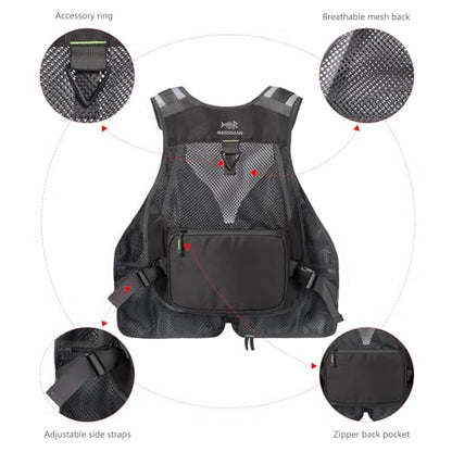 BASSDASH Strap Fishing Vest Adjustable for Men and Women, for Fly Bass Fishing and Outdoor Activities - color: Charcoal Grey
